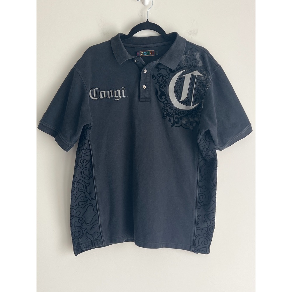 COOGI Luxe Black Gothic Polo Shirt Flocked Velvet Embroidered Y2K Rare  L FLAW